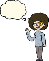 cartoon woman waving with thought bubble