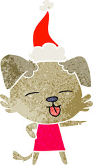 retro cartoon of a dog sticking out tongue wearing santa hat