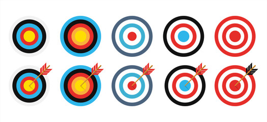 Archery target with arrows. Set of targets at transparent background with shadow. Concept of archery or reaching the goal in business. Vector illustration 10 eps. - obrazy, fototapety, plakaty