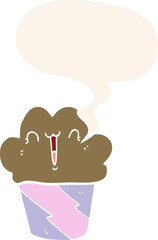 cartoon cupcake and face and speech bubble in retro style
