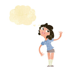 cartoon woman waving with thought bubble