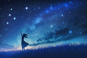 Fototapeta na wymiar Cute little girl is outdoors, looking at the starry sky at night. Beautiful creative art. Generative AI