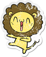distressed sticker of a happy cartoon lion