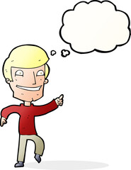 cartoon happy man pointing with thought bubble