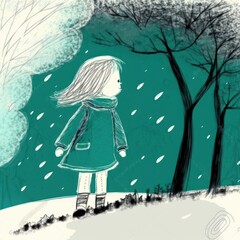 Winter season, snowfall. Little girl have a walk outdoors. Rural scene. Beautiful creative art. Generative AI