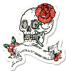 grunge sticker with banner of a skull and rose
