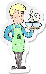 retro distressed sticker of a cartoon barista serving coffee