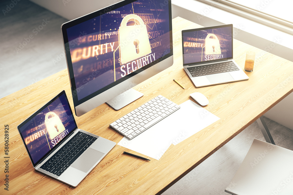 Poster Modern computer monitor with creative lock hologram and chip. Information security concept. 3D Rendering
