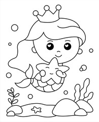 Princess mermaid coloring book under the sea with a cute star fish. Cartoon mermaid for coloring page activity. Black and white cartoon illustration