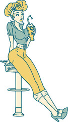 tattoo style icon of a pinup girl drinking a milkshake