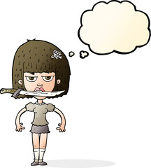 cartoon woman with knife between teeth with thought bubble