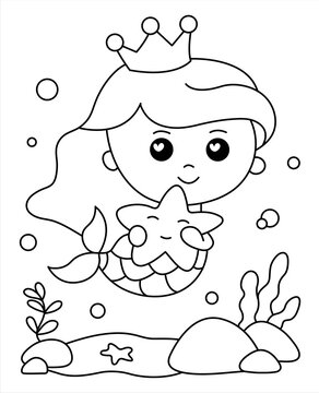 Princess mermaid coloring book under the sea with a cute star fish. Cartoon mermaid for coloring page activity. Black and white cartoon illustration