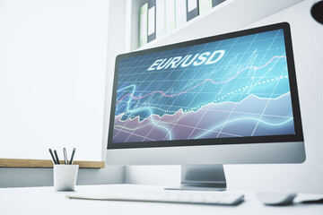 Fototapeta premium Creative EURO USD financial graph illustration on modern computer monitor, forex and currency concept. 3D Rendering