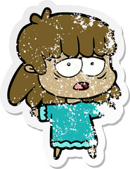 distressed sticker of a cartoon tired woman