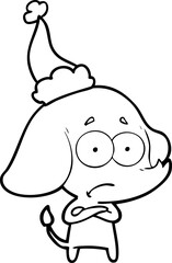 line drawing of a unsure elephant wearing santa hat