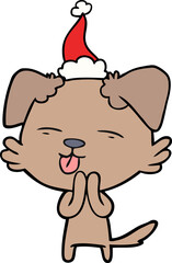 line drawing of a dog sticking out tongue wearing santa hat