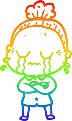 rainbow gradient line drawing cartoon crying old lady