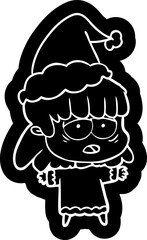 cartoon icon of a tired woman wearing santa hat