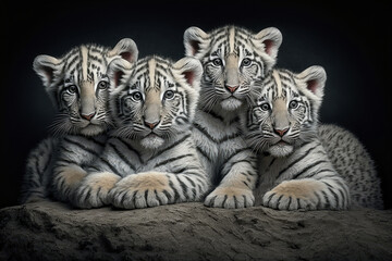 Obraz premium Four Adorable White Tiger Kittens iIllustration