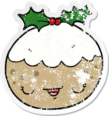 distressed sticker of a cute cartoon christmas pudding