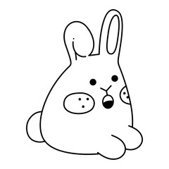 Cute easter bunny with open mouth. Doodle black and white vector illustration.