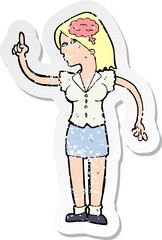 retro distressed sticker of a cartoon woman with clever idea