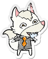 distressed sticker of a cartoon hungry wolf in office clothes