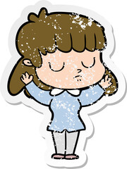 distressed sticker of a cartoon indifferent woman