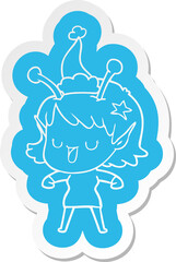 happy alien girl cartoon  sticker of a wearing santa hat