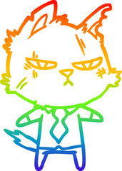 rainbow gradient line drawing tough cartoon cat in shirt and tie