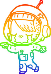 rainbow gradient line drawing cartoon crying astronaut girl