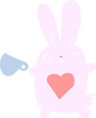 cute flat color style cartoon rabbit with love heart and coffee cup