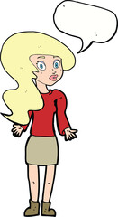 cartoon woman shrugging shoulders with speech bubble