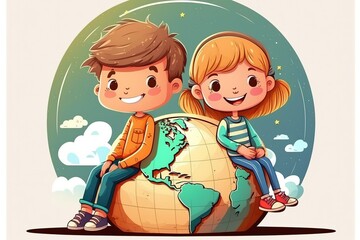 Naklejka premium Happy girl and boy sitting on the globe. Future belongs to the children. Reduce earth climate for the future of our children Generative AI.
