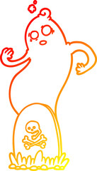 warm gradient line drawing spooky cartoon grave with rising ghost