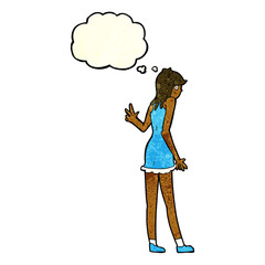 cartoon woman waving with thought bubble