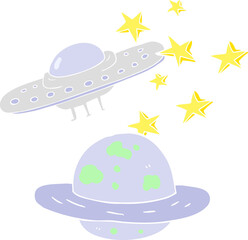 flat color illustration of a cartoon flying saucer and planet