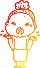 warm gradient line drawing cartoon angry old woman