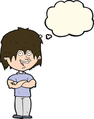 cartoon happy man with thought bubble