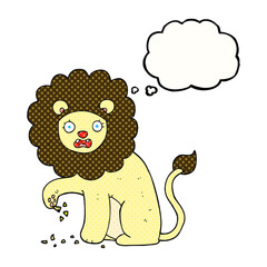 thought bubble cartoon lion with thorn in foot