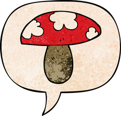 cartoon mushroom and speech bubble in retro texture style