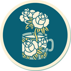 tattoo style sticker of a cup and flowers