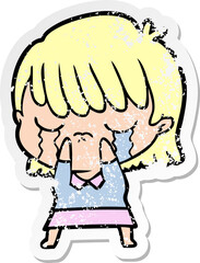 distressed sticker of a cartoon woman crying