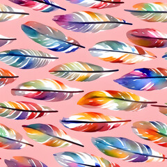 Fototapeta na wymiar watercolor painting of colorful feathers - seamless pattern on red background, generative ai, print and web banner , texture