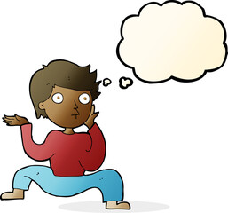 cartoon boy doing crazy dance with thought bubble