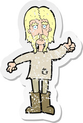 retro distressed sticker of a cartoon hippie man giving thumbs up symbol
