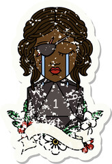 crying human rogue with natural one D20 roll illustration