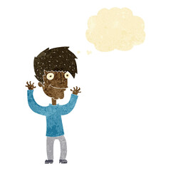 cartoon man waving arms with thought bubble