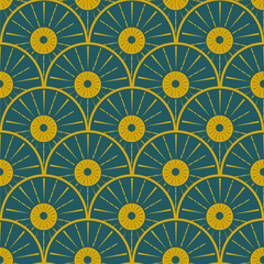 Art deco Metallic Gold Abstract sun rays  seamless pattern on teal background. For wallpaper, home decor and textile. 