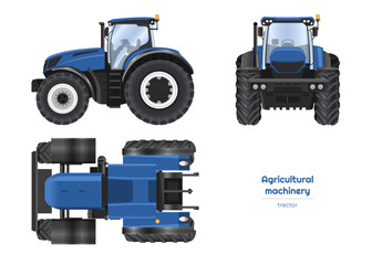 Blue tractor drawing. Isolated agricultural machine. Top, side and front views of farmer vehicle. 3d industrial blueprint